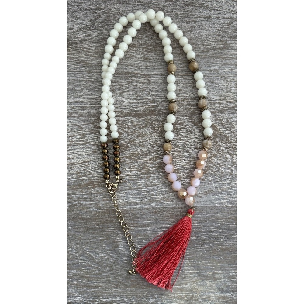 Tassel Necklace Beaded Pink White Gold Statement Long Boho Layering Festival